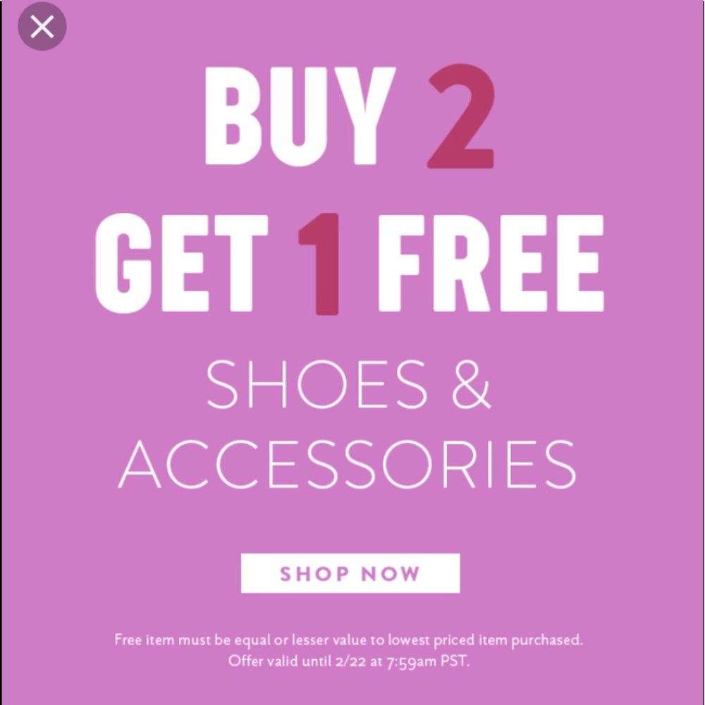 All shoes and accessories are buy 2 get one free
